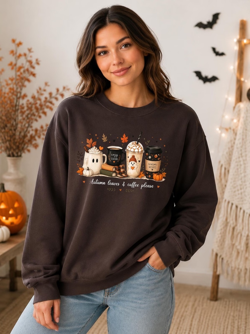 Autumn Leaves & Coffee Graphic Sweatshirt - Dark Chocolate